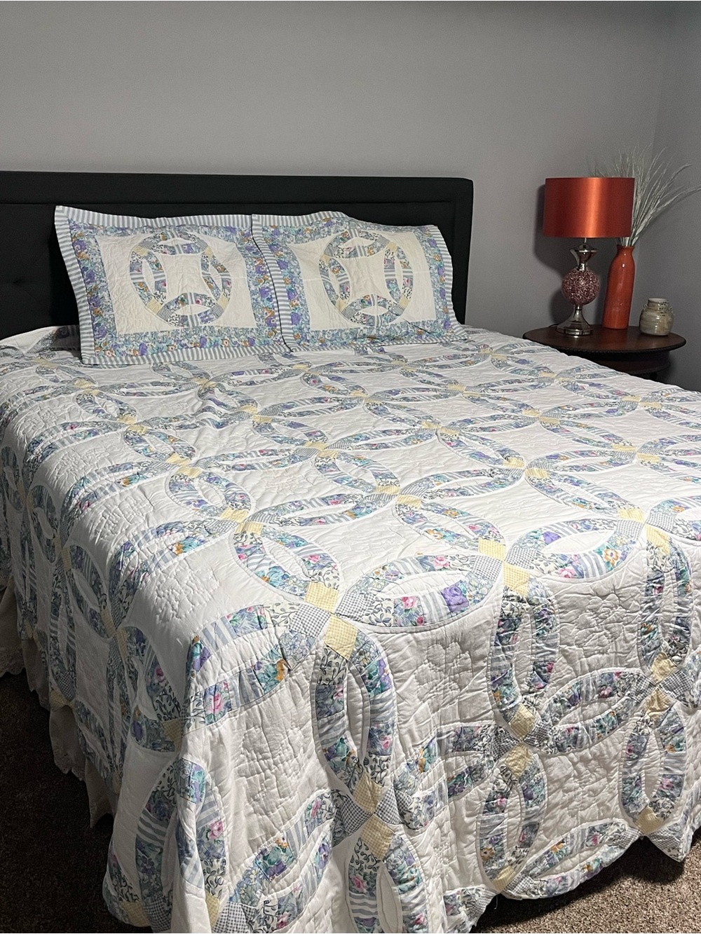 VTG JC Penney double wedding ring quilt 118”x116” king & 2 shams monogrammed